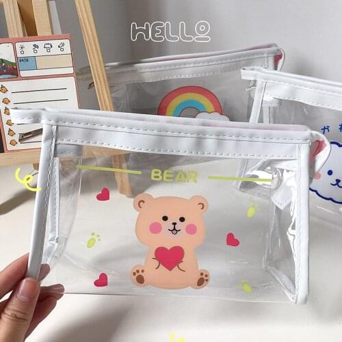 Cute Transparent PVC Waterproof Pencil Bag Student Kawaii Pencil Case School Office Supplies Stationery Organizer Large Capacity