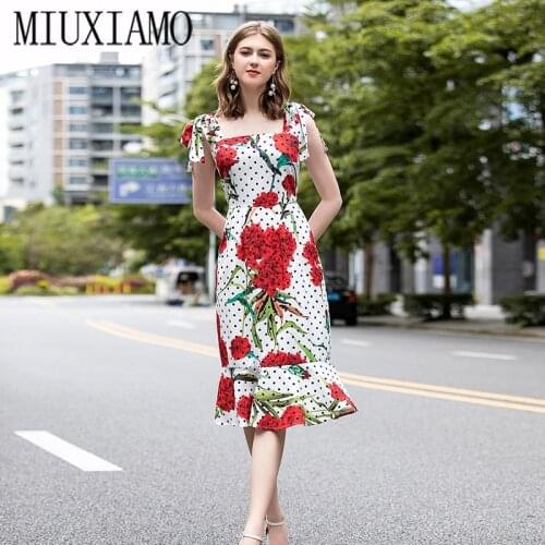 MIUXIMAO 2020 Summer Dress Newest Cute Spaghetti Strap Red Flower Print Elegant Knee-Length Fishtail Dress Women Vestidos