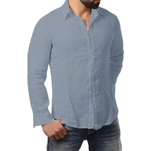 80%HOT Solid Color Men Cotton Linen Shirt SlimS1 FitS1Turn Down Collar Long Sleeve Top
