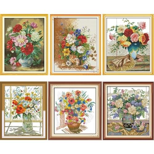 Colorful Flower Vase Cross Stitch Kit Stamped Patterns Counted 11CT 14CT Printed Handmade Needlework Embroidery Decor Art Sewing