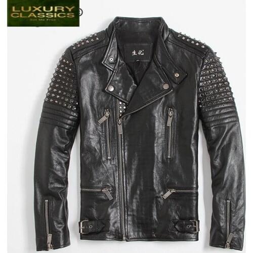 Genuine Leather Jacket 100% Men Rivet Motociclista Biker Real Cow Leather Coat Man Fashion Streetwear Fit Chaqueta 1665