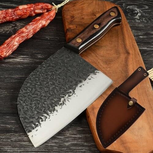 6.5'' 7'' inch Butcher Cleaver Handmade Forged Stainless Steel Knife Leather Cover Sheath Sword Survival Chef Knife Serbian Che