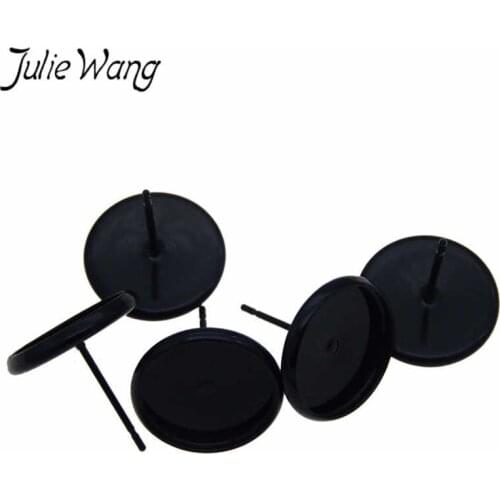Julie Wang 10PCS 12mm Round Balck Cup Earring Post Copper Cabochon Base Settings Blank Tray Earrings Jewelry Making Accessory