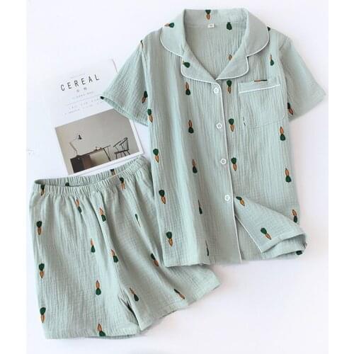 Spring Summer Washed Cotton Couple Short Set Pajamas Cotton Crepe Cloth Daily Wear Radish Cardigan Men and Women Home Clothes