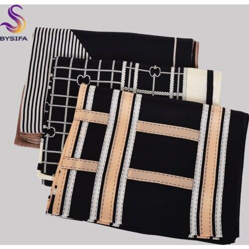 BYSIFA|Luxury Pure Silk Scarf Shawl Womens Long Scarves Fashion Black White Plaid Design 100% Silk Scarf Hijab Foulard 170*53cm