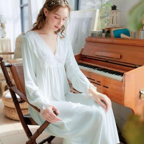 Retro Palace Sexy Lace V Neck Nightdress Women Cotton Long Sleeve Long Nightgown Princess Solid Maxi Dress Home Dress Spring