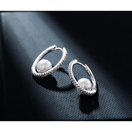 Top Quality Fashion Pave AAA+ CZ Pearl Circle Hoop Earrings Silver Plated Silver Buckle Earrings For Women