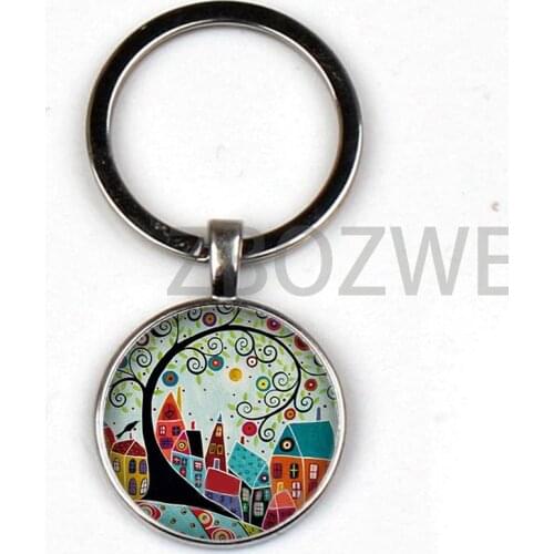 Vintage Oil Painting City Color Keychain Country Art Pattern Keyring Charm Bag Glass Convex Round DIY Pendant Jewelry Women Gift
