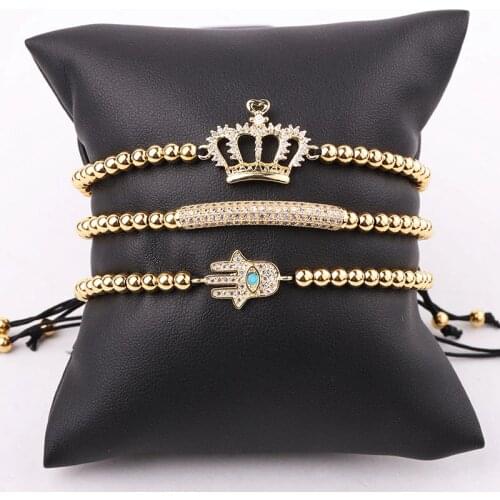 High Quality Stainless Steel Beads CZ Pave Hand Crown Charm Handmade Macrame Friendship Bracelet Female Male Jewelry Gift