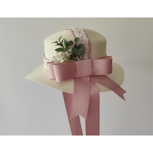 Lolita Tea Party Pink Lace Bow Summer Straw Hats Womens Beach Sun Hat Mori Girl Princess Cap D249