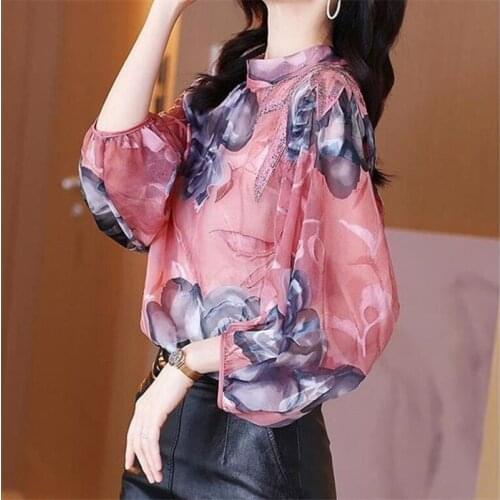 Hot Drill Pullover Shirts Womens Floral Chiffon Blases Seven-point lantern sleeve Summer foreign Tops Feminine Blouses Shirts