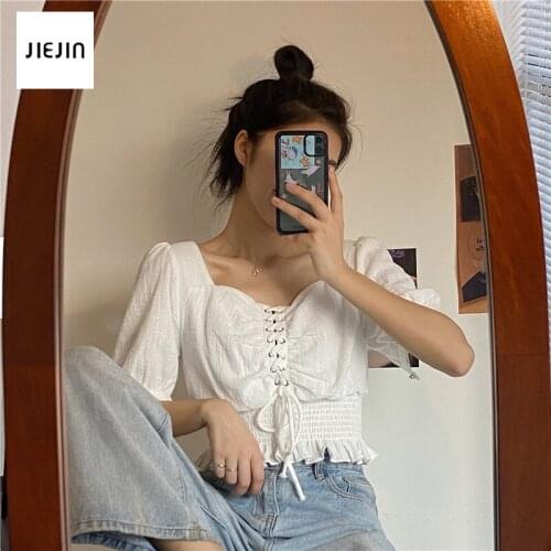 Womens Chiffon Long Puff Sleeve Off Shoulder Crop Tops Blouses lantern sleeve adjustable lace up strap crop top White Summer
