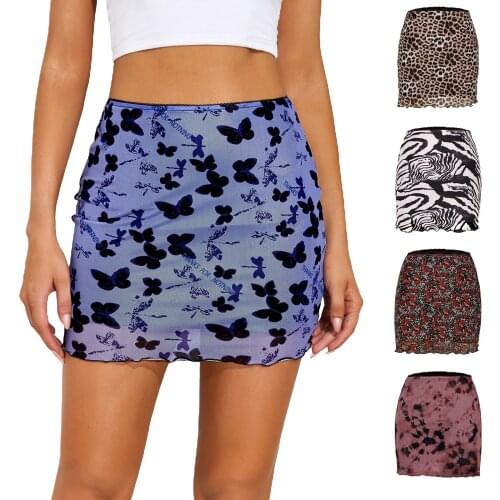 2021 Hirigin Stylish Women Close-fitting Short Hip Skirt Flower Printed Pattern High Waist Lace Hem A-line Short Dress