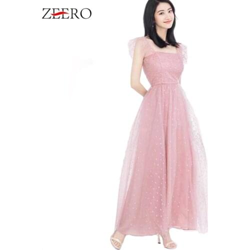 Women Polka Dot Pink Mesh Runway Dress Elegant Sweet Maxi Party Dresses Lady Sleeveless Strap Ruffles Summer Long Dress Vestidos