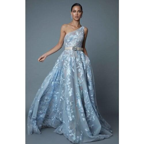 2020 Evening Dresses One Shoulder Sleeveless A Line Lace Appliques Special Occasion Gowns Backless Sweep Train Prom Dress