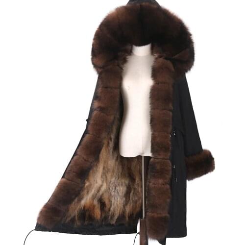 Winter big fur collar thick parka woman Long Natural Color fur parka Raccoon Fur Lining real jacket coat