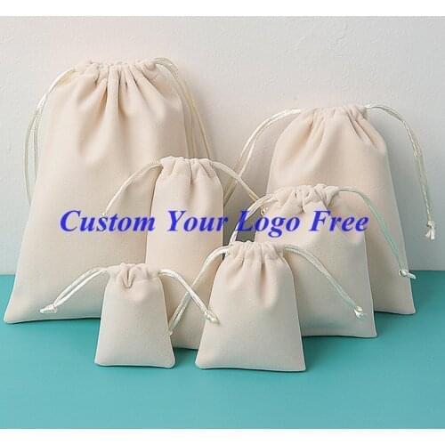 50PCS Custom Logo FREE Velvet Drawstring Pouches Jewelry Packaging Bag Beige Gift Box Personalized Pouch