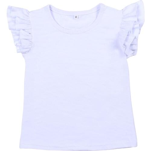 95%Cotton Plain Color High Quality Summer Flutter Sleeve White Pink T-shirt Casual Kids Girls Shirts Wholesale