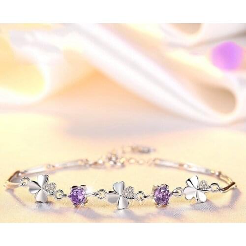 Silver-plated diamond four-leaf clover bracelet female rotating zircon amethyst four-leaf clover bracelet simple jewelry