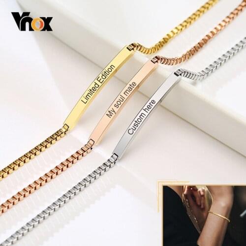 Vnox Personalized Engrave ID Bar Bracelets Women, Anti Allergy Stainless Steel Box Chain Wristband Jewelry, Length Adjustable