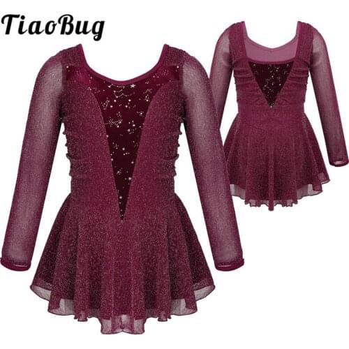 TiaoBug Kids Teens Girls Lyrical Dance Costumes Silver Glitter Shiny Long Sleeves Ballet Figure Skating Dress Gymnastics Leotard