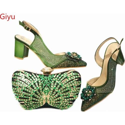 Doershow New Arrival African Wedding Shoes and Bag Set green Italian Shoes with Matching Bags Nigerian Women party! SBK1-8