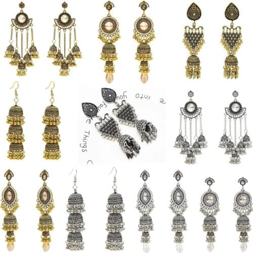 Ethnic Womens Color Jhumka Indian Earrings Vintage Rhinestone Exaggerated Lantern Tassel Palace Earring Jewelry