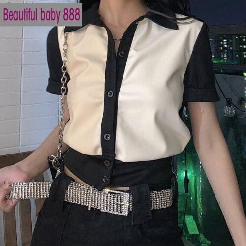 Meqeiss casual hit color patchwork Leather slim tees croptop summer harajuku street fashion tshirt 2021 Basic simple elastic top