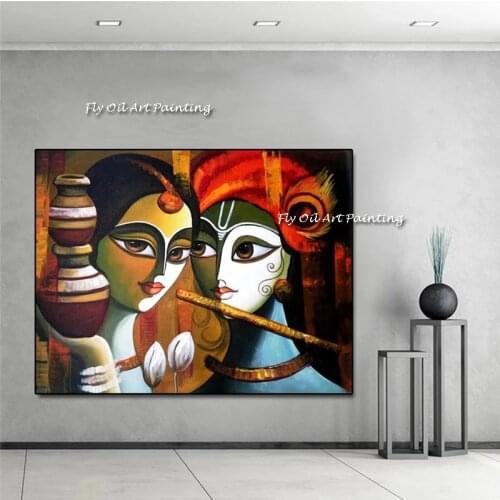 Buddha Radha Krishna True Love Hmade Canvas Oil Painting Handpainted Wall Art Picture for Living Room Home Decor No Frame
