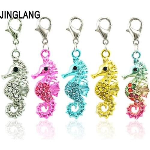 JINGLANG 50piece/Lot Classic Charm With Lobster Clasp Dangle White Rhinestone Sea Horse DIY Animal Pendant Jewelry Accessories