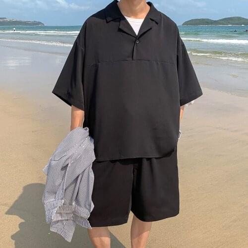 Summer Suit Loose Casual Fashion Short Sleeve Tops Shorts Loose Casual Male Clothes Sports Set Black Gray Pullover + Pants Thin