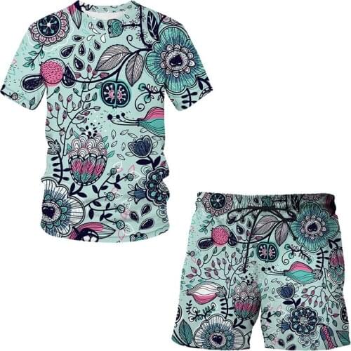 New summer mens 3D Classical pattern printing sportswear round neck loose mens fitness running short-sleeved shorts suit Tops