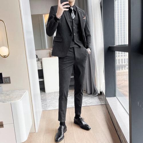 2021 Men Spring Fashion Striped Slim Mens Business Casual Suit 2pcs Suits Male Groom Wedding Dress Men Blazers Pants Sets W472