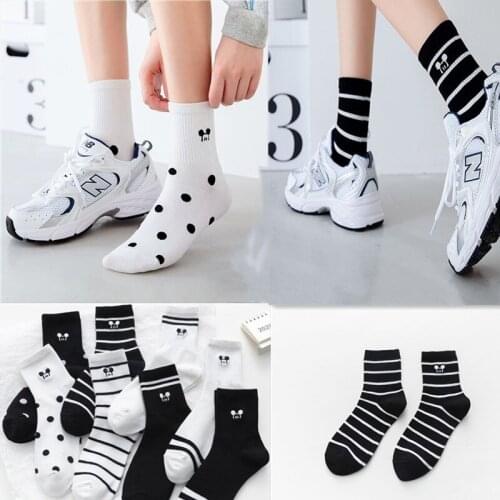 New Cartoon Mouse Striped Socks Womens Cute Black Harajuku Crew Breathable Deodorant White Socks
