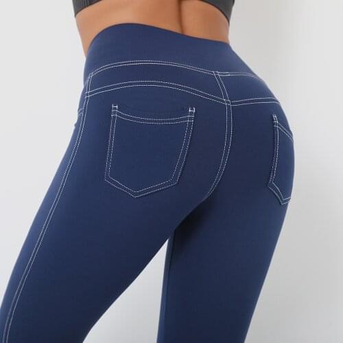 New High Waist Imitation Denim Pocket Hip-lifting Workout Yoga Pants Sanded Nude Sports Tights Fitness Pants Women Leggings