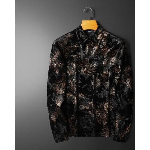 2021 Autumn Velvet Long Sleeve Pullover T Shirt for Men Vintage Print Stand Retro T-Shirt Mens Casual T-shirts Hip Hop Tops