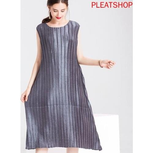 Sleeveless Vertical Stripe Pressure Pleated Dress Miyake Pleats Long Elegant Dress Plus Size Oversize