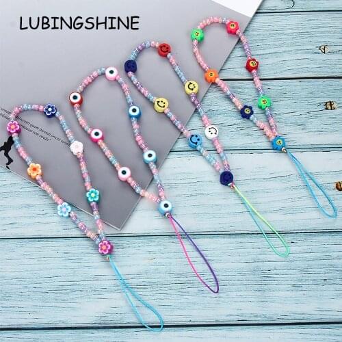 Mobile Phone Strap Lanyard Color Smile Face Evil Eye Acrylic Beaded Soft Pottery Rope for Women Cell Phone Case Hanging Cord