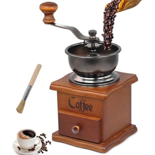 LMETJMA Retro Manual Coffee Grinder Stainless Steel Coffee Grinder Mill With Coffee Cleaning Brush Wood Design Coffee Machine
