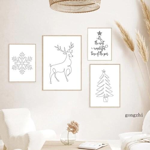 Nordic Christmas Minimalist Line Posters Christmas Tree Elk Snowflake Canvas Painting Wall Art Pictures Children Bedroom Decor