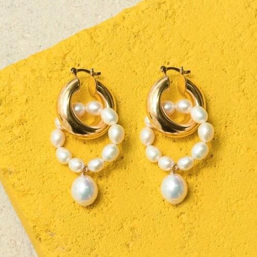 Drop Korea Design Metal Gold Geometric Irregular Circle Square Natural Freshwater Pearl big hoop Earrings for Women Girl Gift