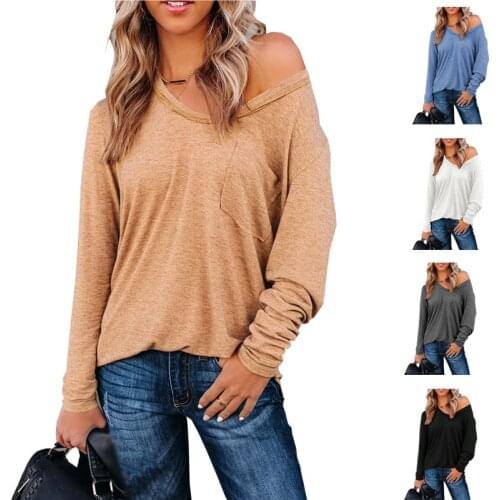 2021 Autumn Long-Sleeve T-Shirt Ladies Casual Loose Off Shoulder V Neck Solid Color Pockets Tops Harajuku Thin Pullover