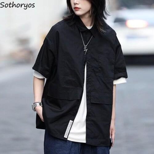 Women Short Sleeve Shirts Patch Design Chic Bf Harajuku Couples Casual Japan Style Cool Teens Streetwear Safari Style Blouses