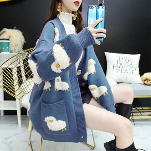 2020 Autumn Winter Fashion Korean Style Women Casual Sweater and Cardigans Long Sleeve V neck animal Oversized Jacket