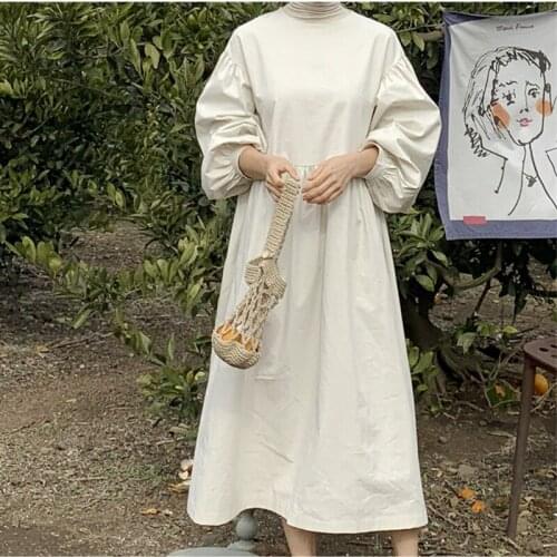 New 2021 Autumn Women Dresses Lace Up Vintage Ruffle Minimalist Style Elegant Korean Oversize Pure Lady Dress