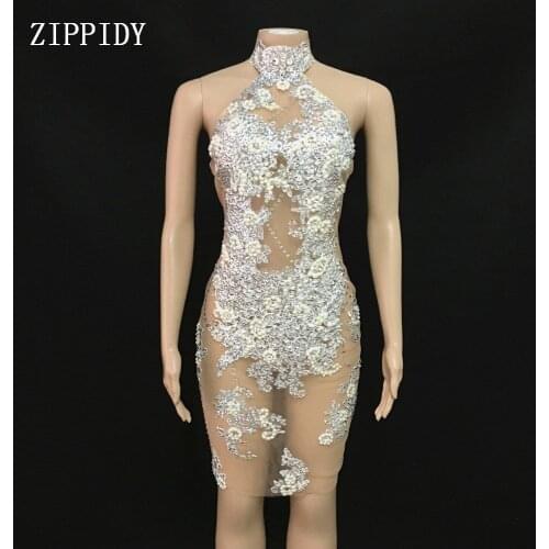 2019 New design Mesh Perspective Silver Rhinestones Pearls Dress Sexy Dresses Birthday Dress Costume Singer Performance Outfit