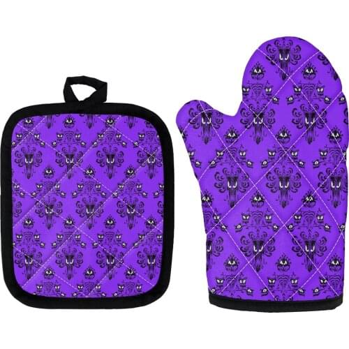 2ps/set Halloween Haunted Mansion Prints Purple Baking Gloves Insulation Mat Microwave Oven Cooking Mitts Nordic Kitchen Baking