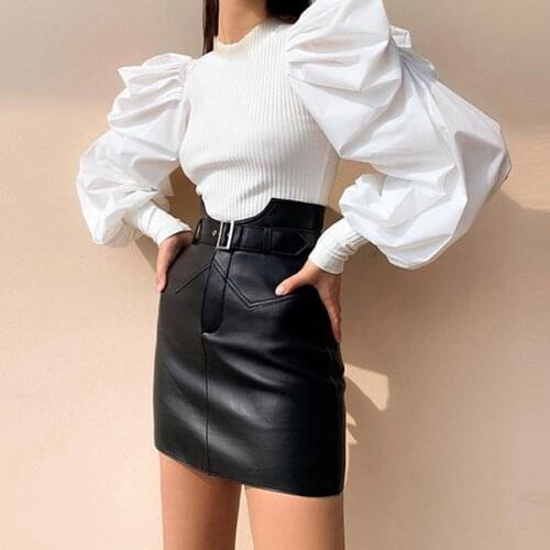 Fashion Women Solid Color Long Lantern Sleeve Knit Ribbed Blouse Slim Pullover Women Clothing блузка женская ropa de mujer 2020