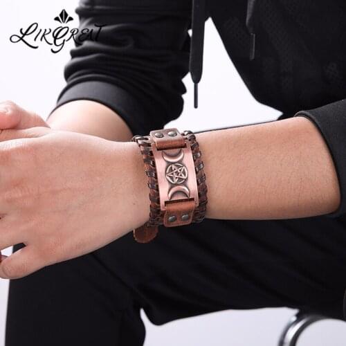 LIKGREAT Vintage Viking Genuine Leather Bracelet for Men Triple Goddess Moon Star Copper Metal Mens Adjustable Bangle Wholesale