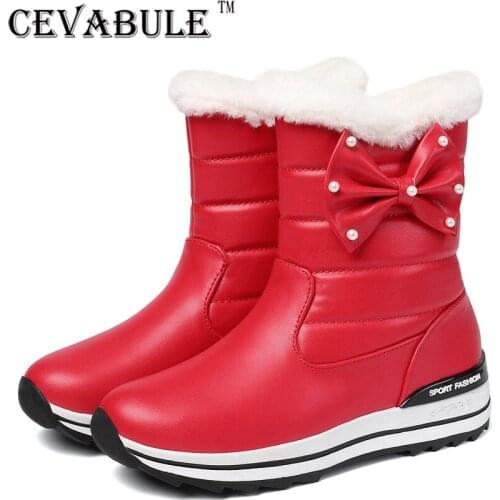 CEVABULE Sweet Bow Pearl Pu Casual Boots Snow Boots Short Boots Winter Shoes Combat Women Ankle Boots Chunky Boots TYX